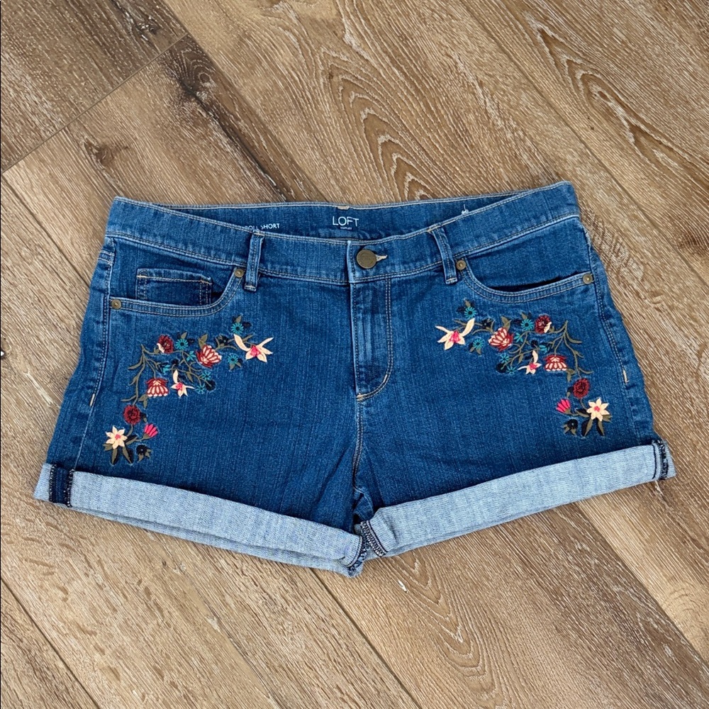 LOFT Floral Embroidered Denim Jean Shorts Cotton